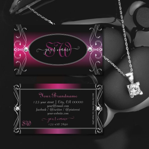 Black Pink Purple Ornate Sparkle Diamonds Monogram Business Card