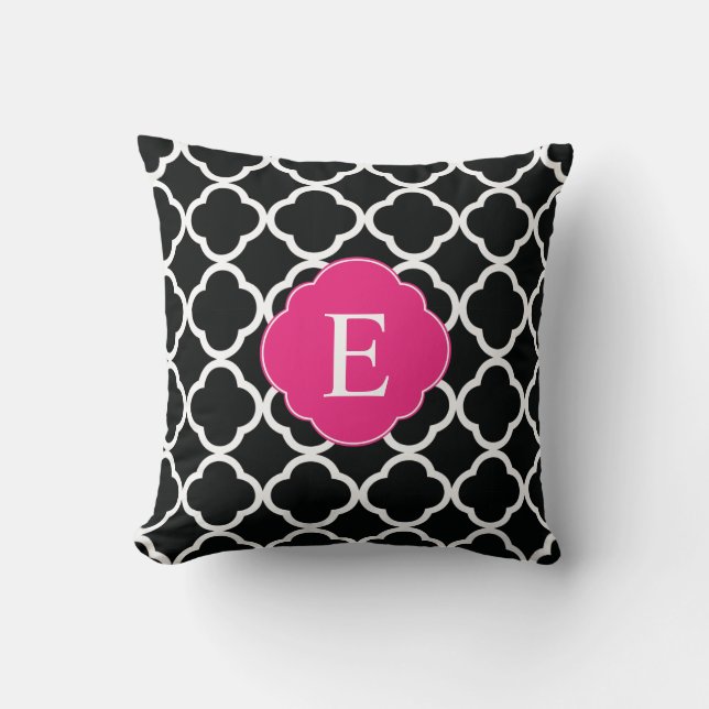 Black Pink Quatrefoil Monogram Throw Pillow (Front)