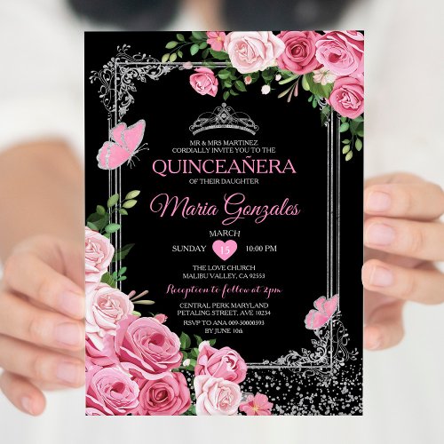 Black Pink Quinceaera Crown Butterfly 15 Anos Invitation