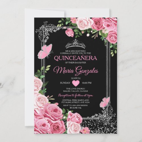 Black Pink Quinceaera Crown Butterfly 15 Anos Invitation