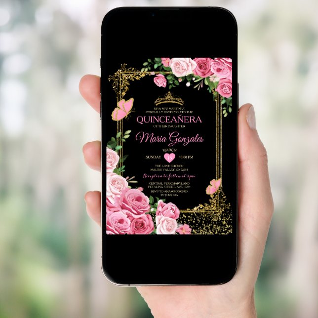 Black Pink Quinceañera Crown Butterfly 15 Anos Invitation (Front Digital)