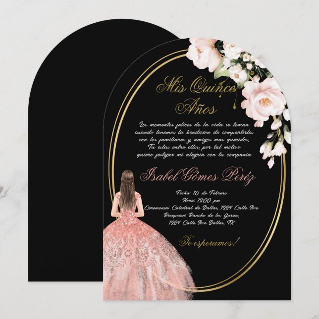 Black pink Quinceanera invitation in Spanish (Front/Back)
