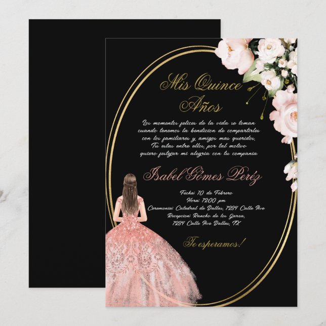 Black pink Quinceanera invitation in Spanish (Front/Back)