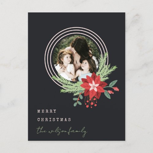 Black Pink Red Christmas Photo Poinsettia Floral Holiday Postcard