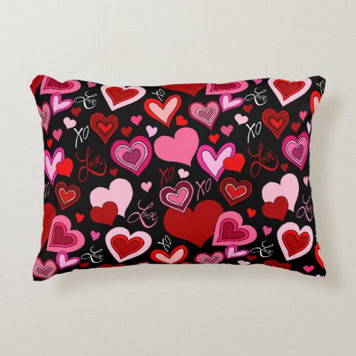 Black Pink Red Hearts Love Pattern Accent Pillow