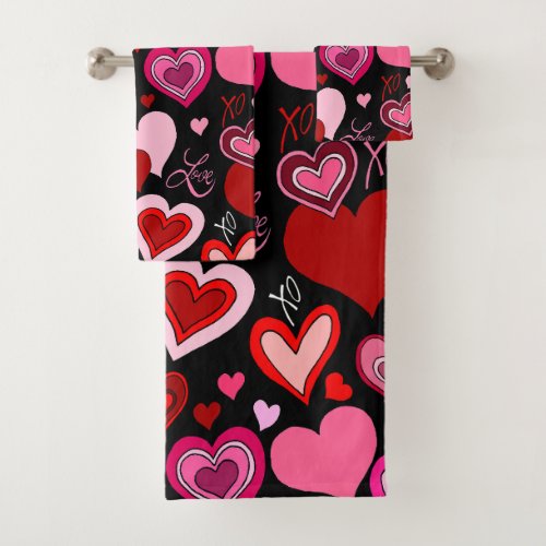 Black Pink Red Hearts Love Pattern Bath Towel Set