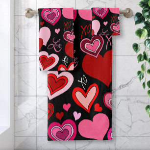 Black Pink Red Hearts Love Pattern Bath Towel Set