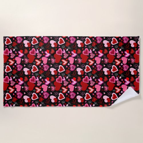 Black Pink Red Hearts Love Pattern Beach Towel