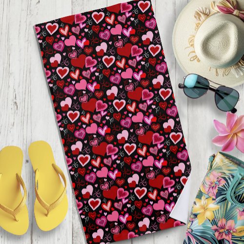 Black Pink Red Hearts Love Pattern Beach Towel