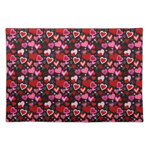 Black Pink Red Hearts Love Pattern Cloth Placemat
