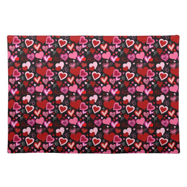 Black Pink Red Hearts Love Pattern Cloth Placemat (Front)