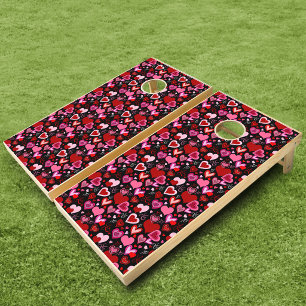Black Pink Red Hearts Love Pattern Cornhole Set