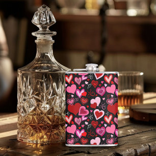 Black Pink Red Hearts Love Pattern Flask