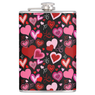 Black Pink Red Hearts Love Pattern Flask