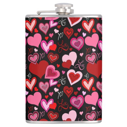 Black Pink Red Hearts Love Pattern Flask