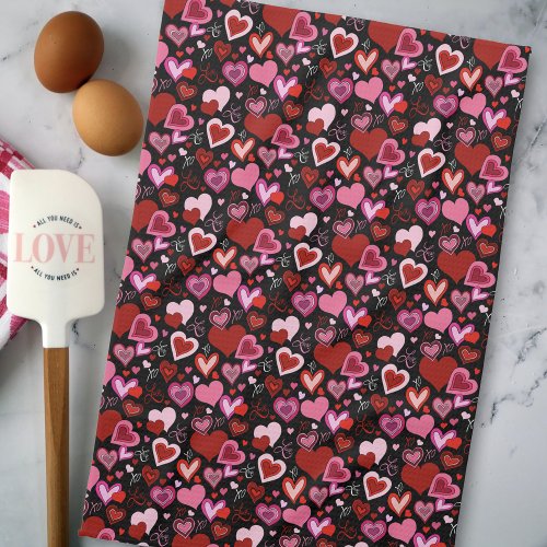 Black Pink Red Hearts Love Pattern Kitchen Towel