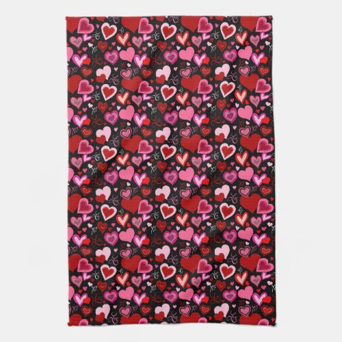 Black Pink Red Hearts Love Pattern Kitchen Towel