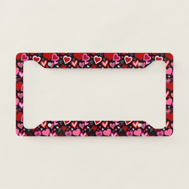 Black Pink Red Hearts Love Pattern License Plate Frame (Front)