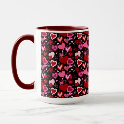 Black Pink Red Hearts Love Pattern Mug