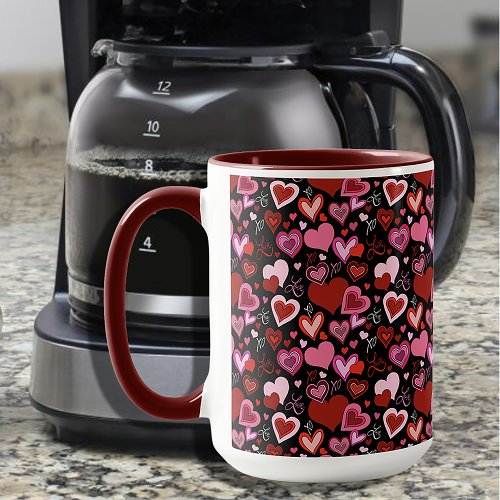 Black Pink Red Hearts Love Pattern Mug