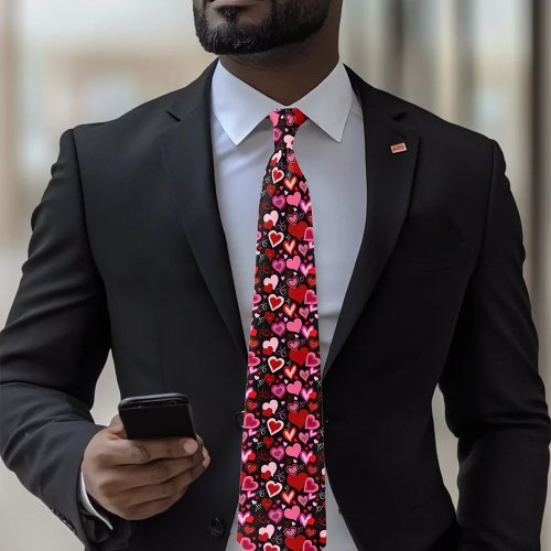 Black Pink Red Hearts Love Pattern Neck Tie