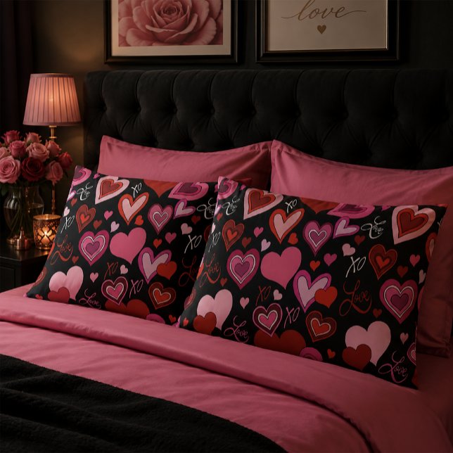 Black Pink Red Hearts Love Pattern Pillow Case (Creator Uploaded)
