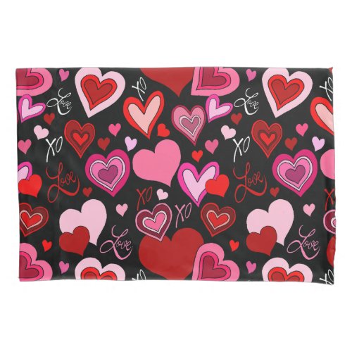 Black Pink Red Hearts Love Pattern Pillow Case