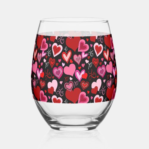 Black Pink Red Hearts Love Pattern Stemless Wine Glass