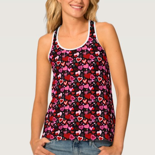 Black Pink Red Hearts Love Pattern Tank Top