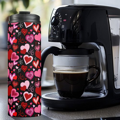 Black Pink Red Hearts Love Pattern Thermal Tumbler