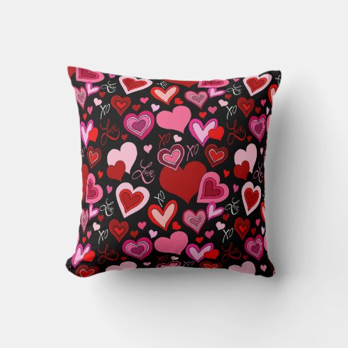 Black Pink Red Hearts Love Pattern Throw Pillow