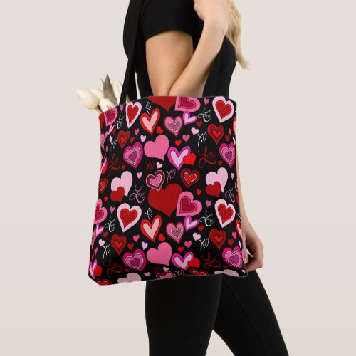 Black Pink Red Hearts Love Pattern Tote Bag