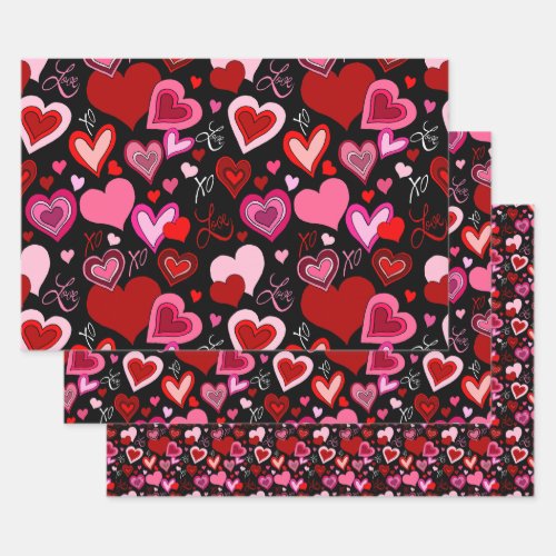 Black Pink Red Hearts Love Pattern Wrapping Paper Sheets