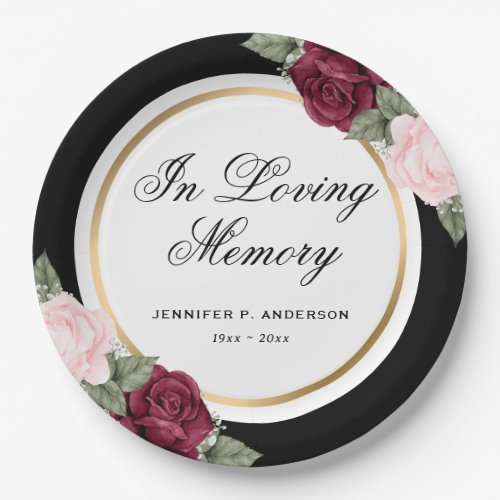 Black Pink Red Watercolor Floral Memorial Funeral Paper Plates