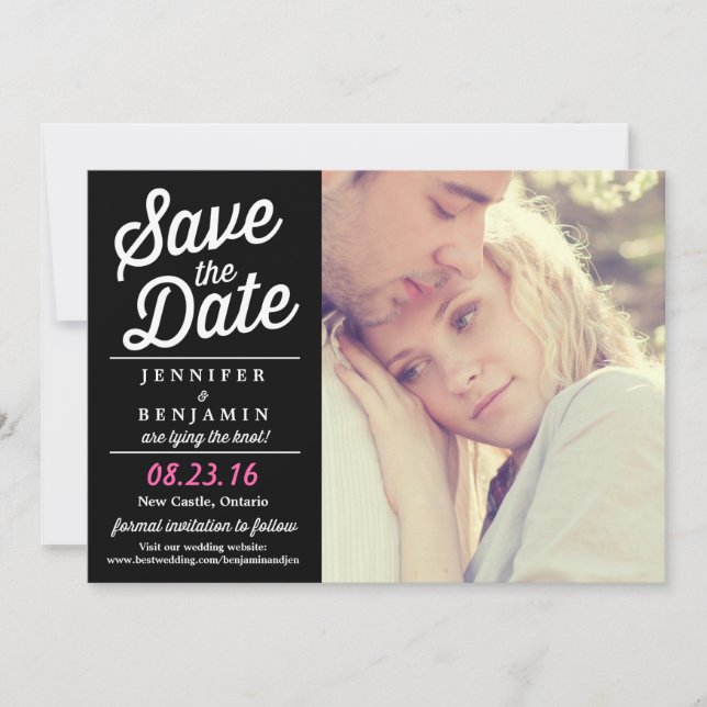 Black & Pink Retro Script Photo Save the Date Card (Front)