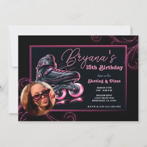 Black  Pink Rollerblades Glow Sparkle Birthday  Invitation
