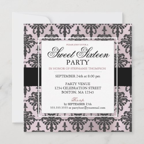 Black Pink Rose Damask Sweet 16 Party Invitations