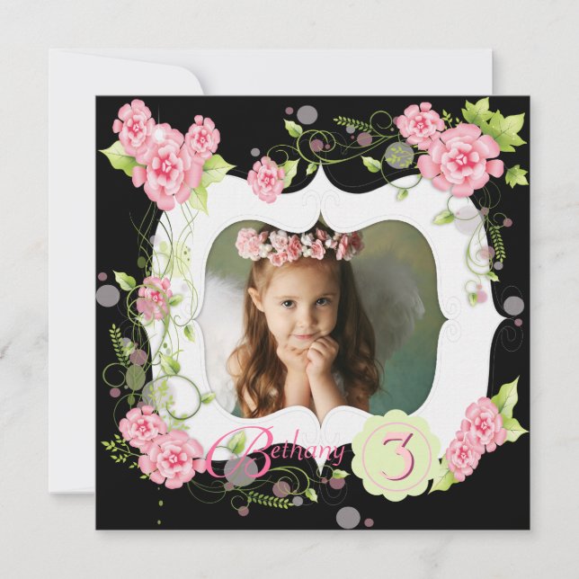 Black Pink Rose Girls Photo 3rd Birthday Party Invitation (Front)