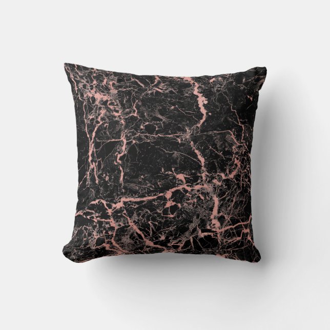 Black Pink Rose Gold Abstract Marble Glam Throw Pillow (Front)