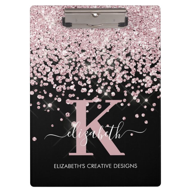 Black Pink Rose Gold Diamond Glitter Monogrammed Clipboard (Front)