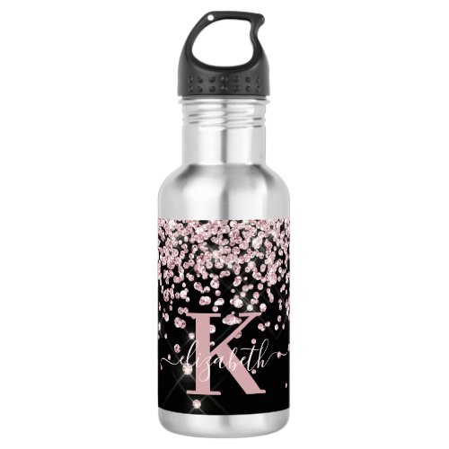 Black Pink Rose Gold Glitter Diamond Monogram Stainless Steel Water Bottle