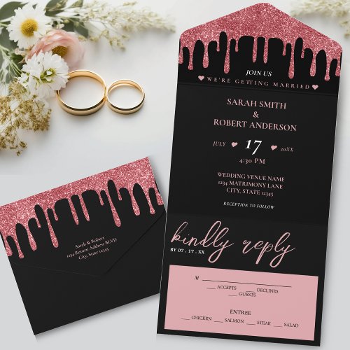 Black  Pink Rose Gold Glitter Drip Wedding All In One Invitation