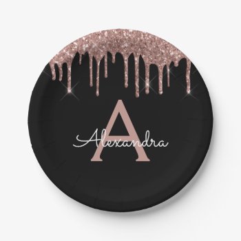 Black Pink Rose Gold Glitter Monogram Birthday Paper Plates by Hot_Foil_Creations at Zazzle