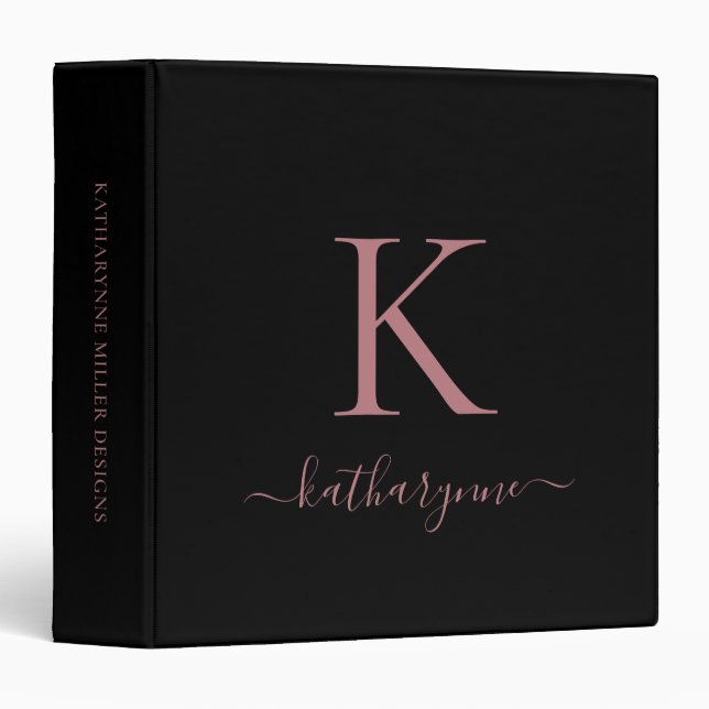 Black Pink Rose Gold Luxury Monogram 3 Ring Binder (Front/Spine)