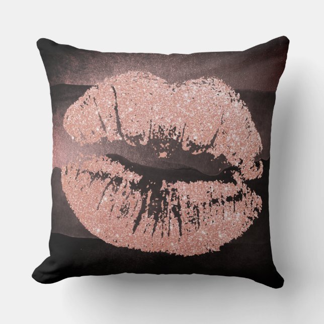 Black Pink Rose Lips Glitter Blush Sparkly Kiss Throw Pillow (Front)