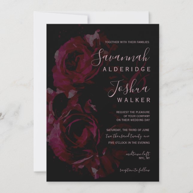 Black & Pink Rose Watercolor Wedding Invitation (Front)