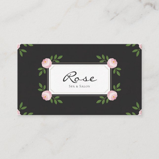 Black Pink Rosebud Elegant Floral Rectangular Business Card (Front)