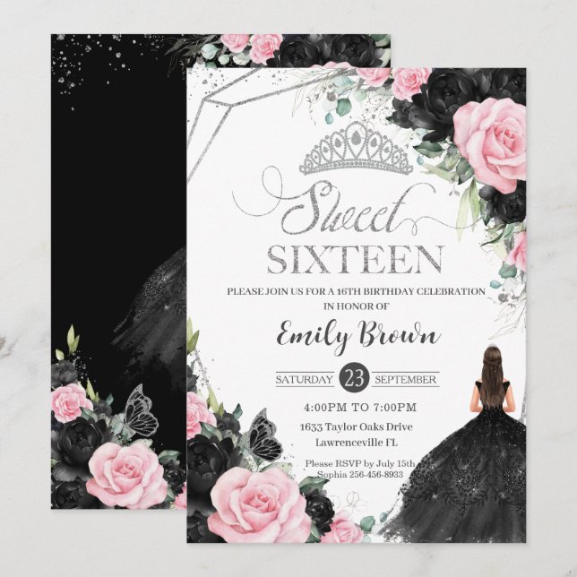 Black Pink Roses Floral Princess Sweet 16 Silver Invitation (Front/Back)