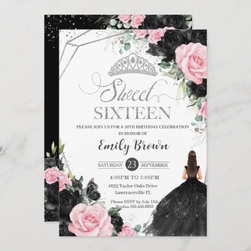 Black Pink Roses Floral Princess Sweet 16 Silver Invitation