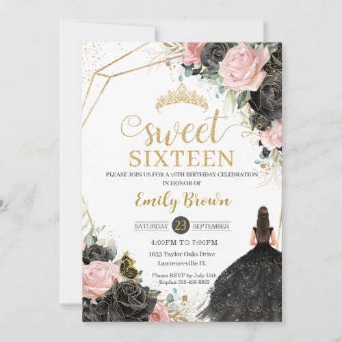 Black Pink Roses Floral Princess Sweet Sixteen Invitation